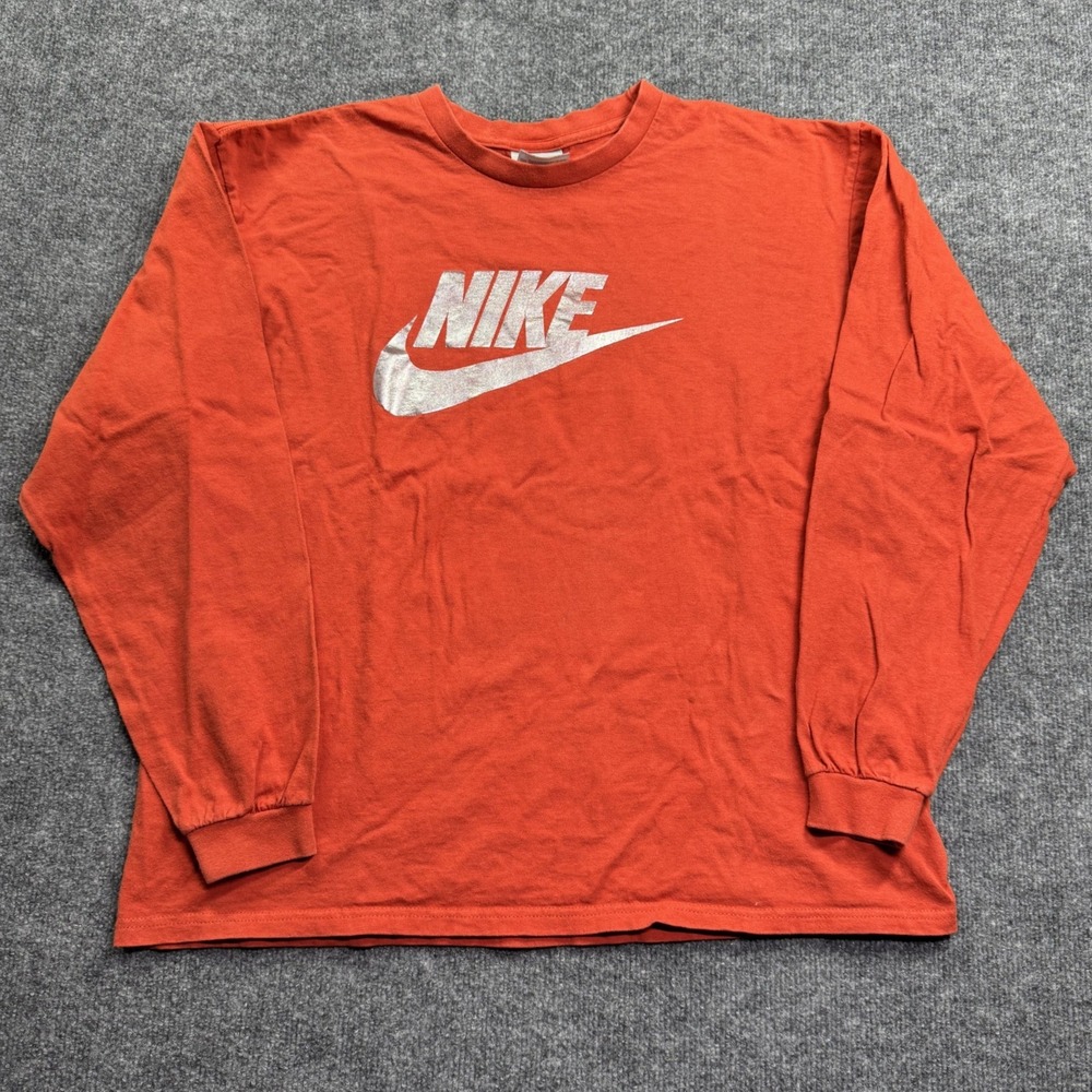Nike Long Sleeve T Shirt Mens M Orange Silver Futura Logo Sportswear Crew Neck